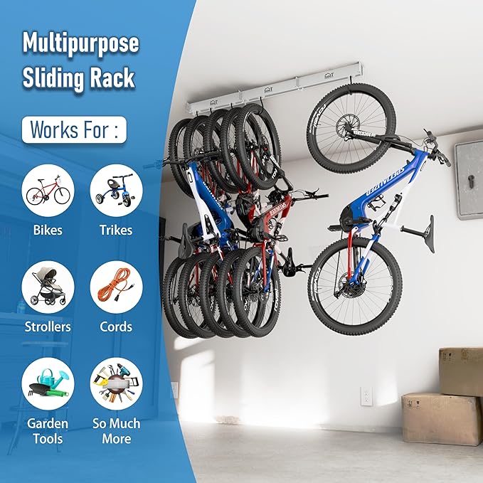 USA Based Ceiling Bike Hanger Slide Mount Up To 6 Bikes, Sliding Garage Bicycle Storage, 51" Heavy Duty Hanging Hook Racks 450lbs Limit, Overhead Mounted Hangers for Storing Bicycles | White