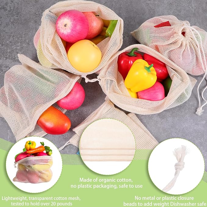 5 Pack Mesh Produce Bags, Reusable Produce Storage Bags Washable Eco Friendly Lightweight Storage Produces Bag Durable Double Stitched with Drawstring Reusable Food Storages Bag for Fruit Vegetable