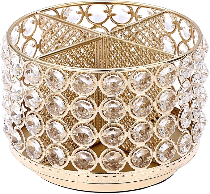 BTSKY Crystal 360 Degree Rotating Desk Organizer Decorative Storage Box with 4 Compartments, Glitter Metal Makeup Brush Holder Elegant Storage Caddy Home Decor Gift for Women, Round-4 Slots Gold