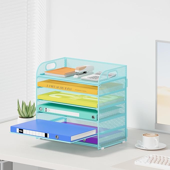 6 Tier Paper Organizer, Letter Tray with Handle, Mesh Desk Organizer, Metal File Organizer, Office Desk Accessories for Home, Office, Classroom, School -Blue