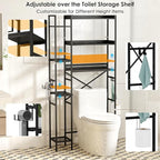 Over The Toilet Storage Shelf with Drawers, 7 Tier Above Toilet Bathroom Organizer Rack with Adjustable Shelves, Space Saver Stand Behind Toilet with Paper Holder & Hooks for Laundry, Black