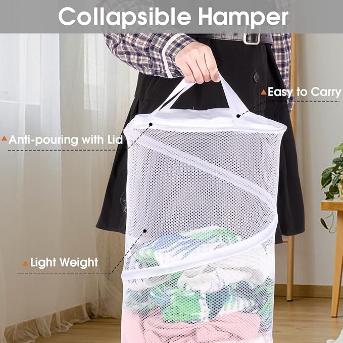 BATTOO 2 Pack Collapsible Laundry Basket with Lid Foldable Mesh Pop Up Hamper with Handles for Laundry Room, Bathroom, Kids Room, College Dorm, Travel, Storage Organizer Black+White