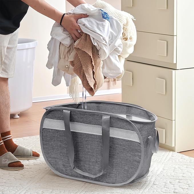 Collapsible Laundry Baskets, Foldable Tear Proof Pop Up Hamper with Reinforced Carry Handles, Durable Laundry Hamper for Home, Laundry, Bathroom, Dorm or Travel (Grey)