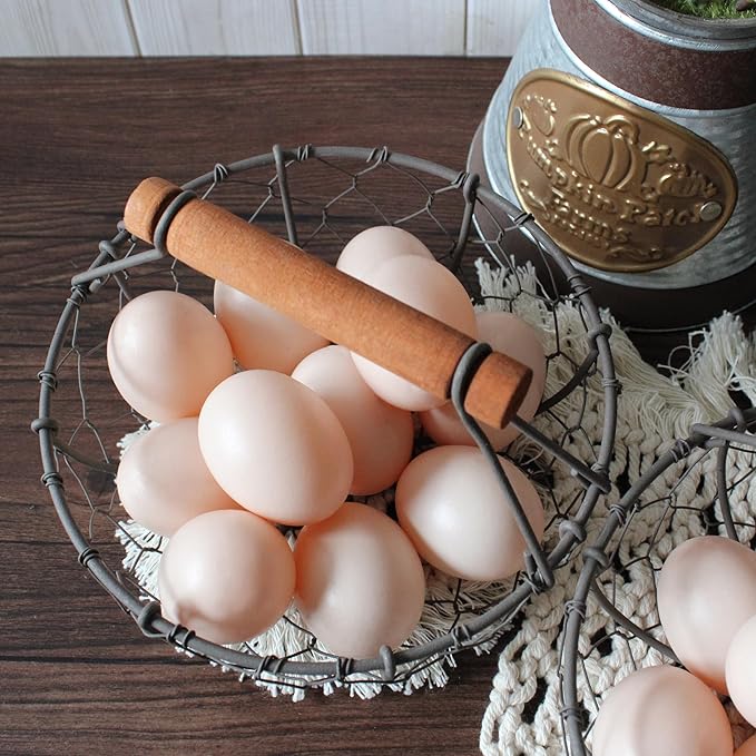 CVHOMEDECO. Chicken Wire Egg Baskets Rust Gathering Baskets with Wooden Handle Country Vintage Style Storage Baskets. Set of 2 (Round)