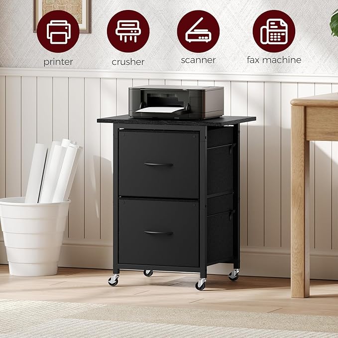 2 Drawer File Cabinet, Vertical Filing Cabinet with Wheels, Printer Stand with Non-Woven Fabric Drawer, Adjustable Hanging Rods, fits A4/Letter Size, for Home Office, Black FCBK5801