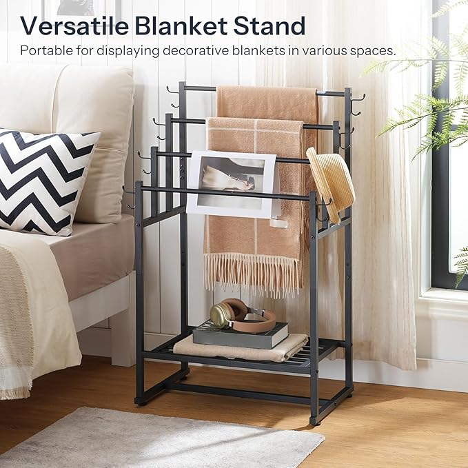 HOOBRO 4-Tier Free Standing Towel Rack for Bathroom, Blanket Rack Stand, 23.6" L x 15.9" W x 40.7" H, Freestanding Quilt Stand, Blanket Display Holder for Bedroom, Industrial Style, Black BK07LB01