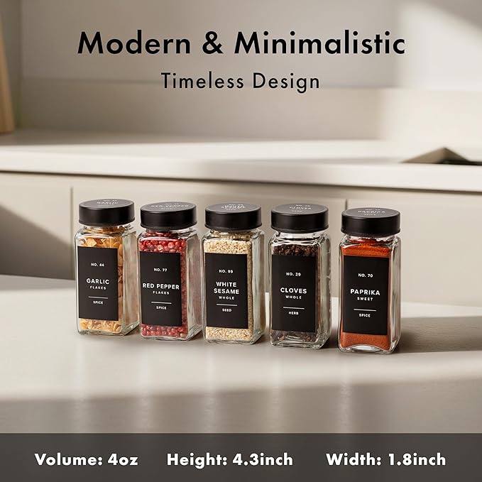 Glass Spice Jars with Label and Black Lids (24 x 4oz) Spice Containers with 240 Labels, Shaker Inserts, Steel Funnel, Empty Square Empty Square Seasoning Organizer