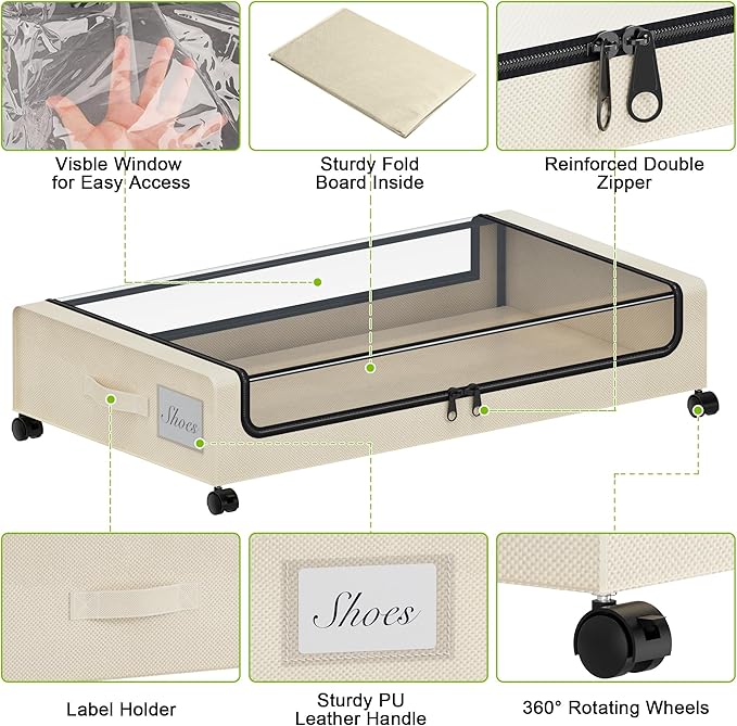 Under Bed Storage with Wheels, XXL 60L Under the Bed Storage Bins, Underbed Storage Containers with Lids & Label, Rolling Metal Drawer for Shoes, Clothes, Books, Toys (2-Pack Beige)