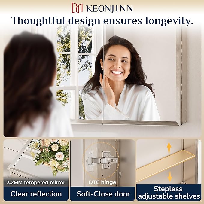 Keonjinn Medicine Cabinet Mirror 20" x 26", Assembly Needed, Brushed Nickel Bathroom Medicine Cabinet with Mirror, Beveled Framed, Surface Wall-Mounted or Recessed, Shelves Adjustable
