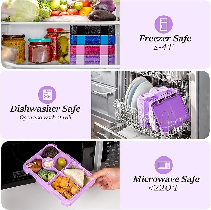 Bento Lunch Box for Kids, 6 Compartments BPA Free, Dishwasher Safe Back to School Snack Bento Lunch Containers Boxes, Ideal Portion Sizes for On-the-Go Meal, Shiny Purple