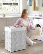 SONGMICS Laundry Hamper with Lid, 23.8 Gallon (90 L) Synthetic Rattan Clothes Laundry Basket with Lid and Handles, Foldable, Removable Liner, Cloud White ULCB51WT