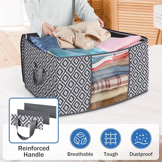 Direct 100L, 3 Pack, Storage Containers, Large Clothes Storage Bins Foldable Organization and Storage Bags with Reinforced Handle, Clear Window for Bedding, Blankets, Clothing, Grey