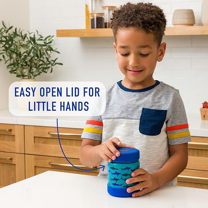 Bentgo Kids Stainless Steel Food Jar - 11oz Leak-Proof Double Insulated Hot or Cold Food Container with Removable Silicone Bumper, Dishwasher Safe, Easy Open Lid, Ages 3+ (Shark)