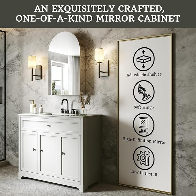 20x32 Bathroom Medicine Cabinet with Mirror,Aluminum Alloy Frame with Mirror Side Panels,Surface or Recessed Medicine Cabinet with Adjustable Shelves,Assembly Required,Hinge On The Left