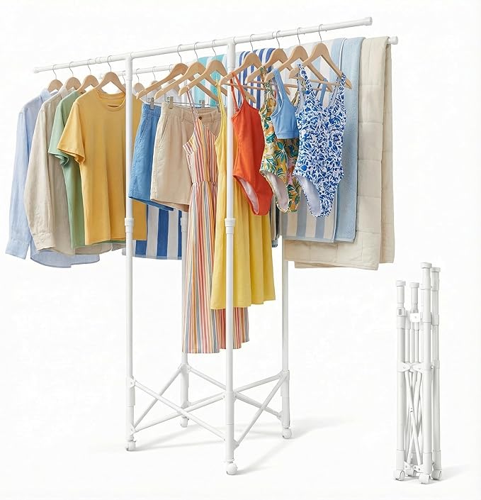 Clothes Drying Rack, Double Rod Extendable 33.1–56.7 Inches, No Assembly & Foldable Clothing Rack for Hanging Clothes with Wheels, for Indoor Outdoor Laundry Room Organization, White