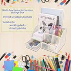 Boutilon Mesh Desk Organizer Desktop Office Supplies Stationary Organizer with 6 Compartments and 1 Drawer Multi-Functional Caddy Pen Holder for Home Office School Desk Decor(White)