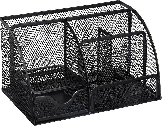 Greenco Mesh Desk Organizer Office & Dorm Room Supplies Caddy, 6 Compartments, Small Black Desk Organizer for Pen, Pencil, Small Office Supplies and Stationary Accessories Storage Organization