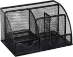 Greenco Mesh Desk Organizer Office & Dorm Room Supplies Caddy, 6 Compartments, Small Black Desk Organizer for Pen, Pencil, Small Office Supplies and Stationary Accessories Storage Organization