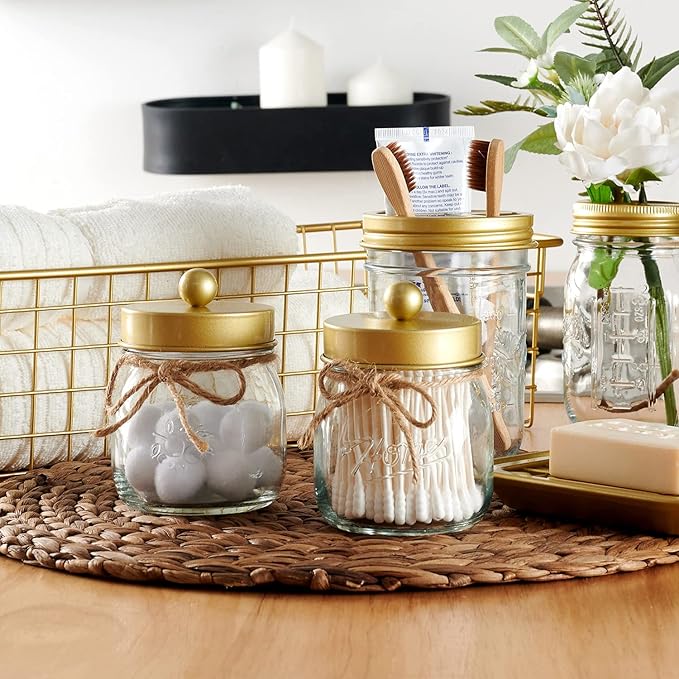 SheeChung 2 Pack Qtip Holder for Bathroom, Cotton Swab Holders, Cute Mason Jars Decor, Bathroom Decor and Accessories for Cotton Round Pads, Balls, Floss Pick - Brushed Gold