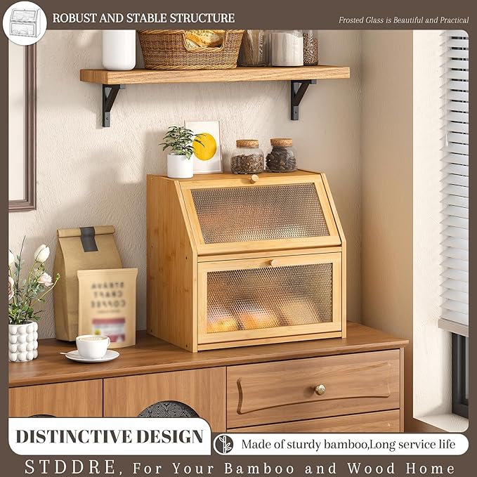 Bread Box for Kitchen Countertop Bin Double Layer Bread Box Storage Container Extra Large Capacity with Diamond Pattern Windows (Natural, Extra Large)