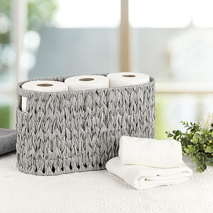 Sumnacon Toilet Paper Storage Basket Freestanding, Woven Toilet Paper Holder Stand with Handle, Decorative Narrow Bathroom Baskets Sturdy Plastic Organizer Bin for Tissue Rolls, Toiletries, Towels