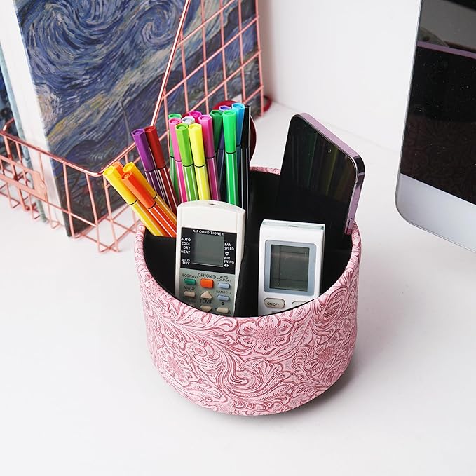 lizimandu Round Leather Art Supply Organizer,Remote Control Holder,360 Degree Spinning,Multi-Functional Pencil Holder,4 Compartments Desktop Stationary Organizer(1-Carved Pink)