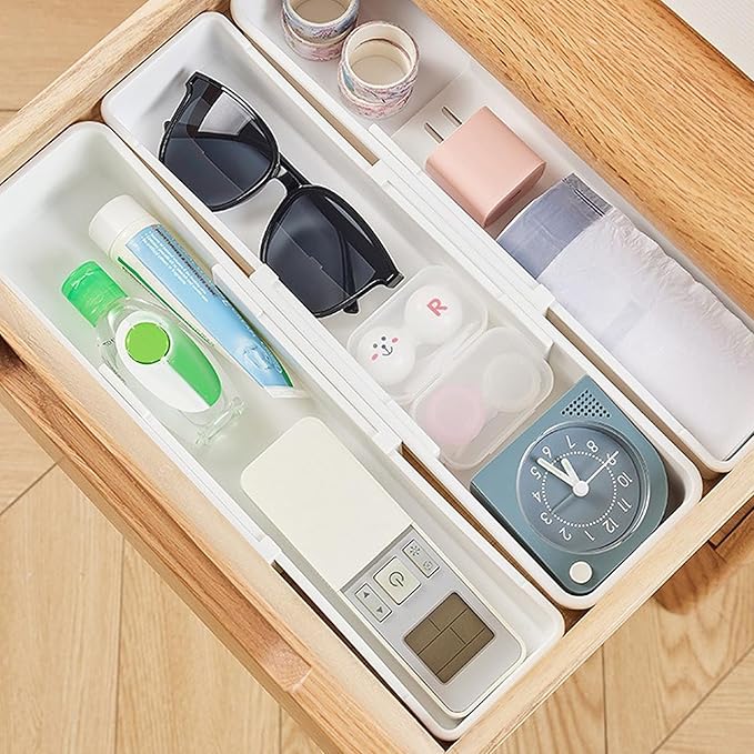 4 PCS Expandable Drawer Organizer, Adjustable Drawer Organizer Trays, Drawers Dividers Organizers and Storage For Office Supplies, Pens, Makeup,Utensils, Tools, Flatware and Junks, White