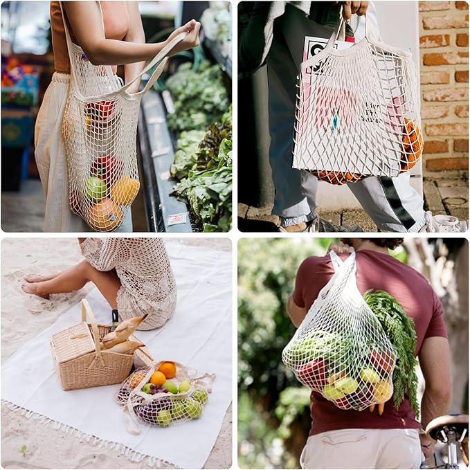 2-Pack Reusable Mesh Grocery Bags, 100% Cotton String, Long Handle Produce Bags, Fruit & Veggie Storage