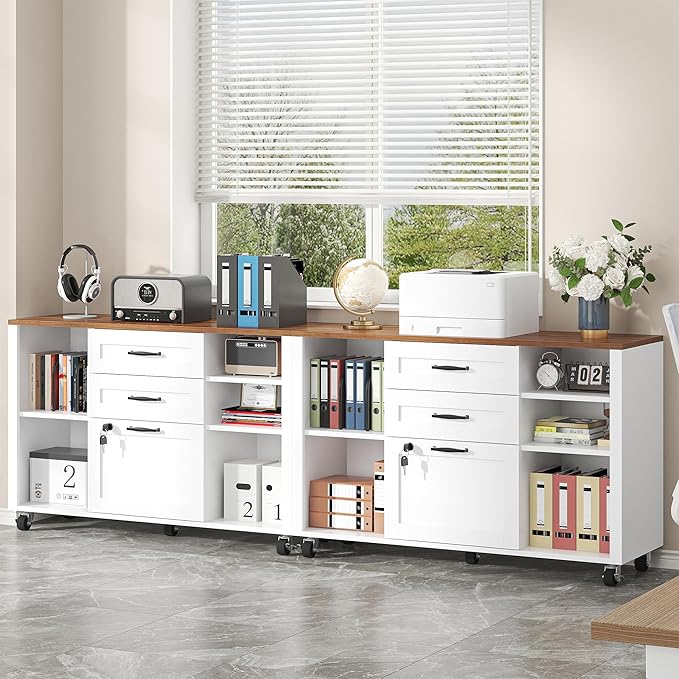 Semoic 3 Drawer Wood Lateral File Cabinet with Lock, Rolling Mobile Filing Cabinet with Open Storage Shelves, Printer Stand Office Storage Cabinet for Home Office Fits Files Legal/A4 Size, White