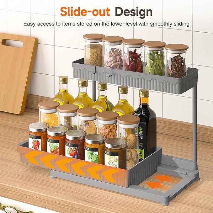 3 Pack Multi-Purpose Under Sink Organizers and Storage, 2026 L-Shaped Pull Out Cabinet Organizer for Bathroom & Kitchen, Under Cabinet Organizer with Hooks Hanging Cup (Grey, 14.85 inch)