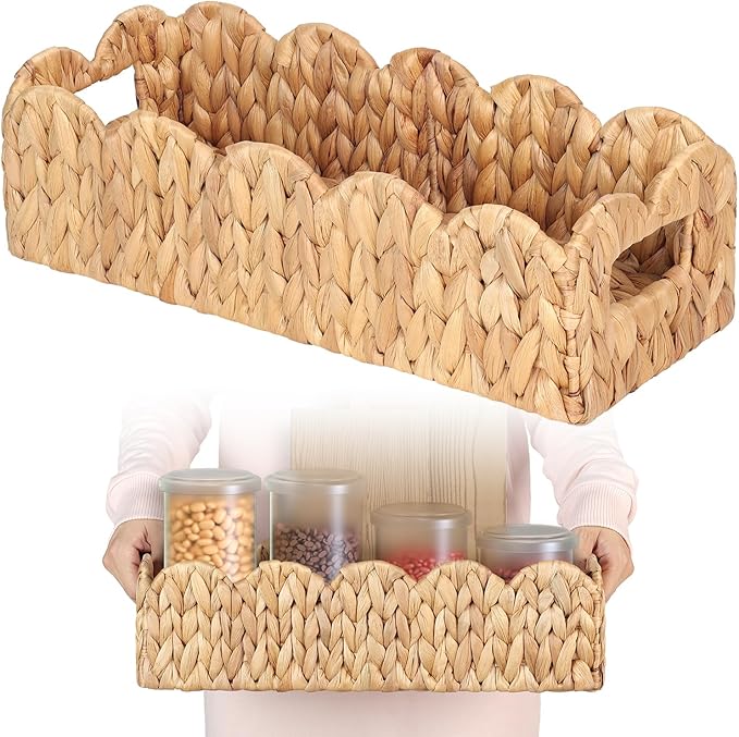 Handwoven Water Hyacinth Scalloped Countertop Storage Basket, Toilet Tank Basket for Bathroom, Scalloped Edge Wicker rectangle Basket for Toilet Paper Baskets, Vanity, Entryway, or Living Room (1pcs)