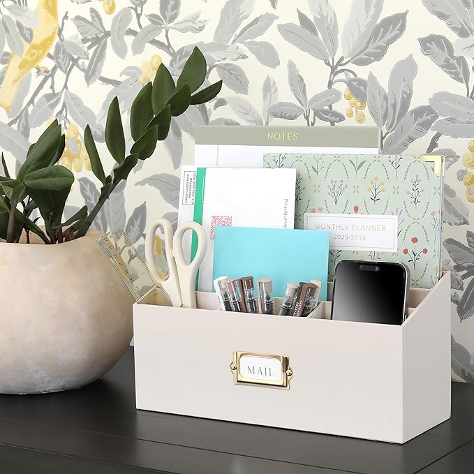 KIBAGA Stylish Linen Mail Organizer for Your Countertop – Easily Organizes Pens, Mail & More in Spacious Compartments on Any Desktop – The Perfect Desk Sorter for Paper & Office Essentials