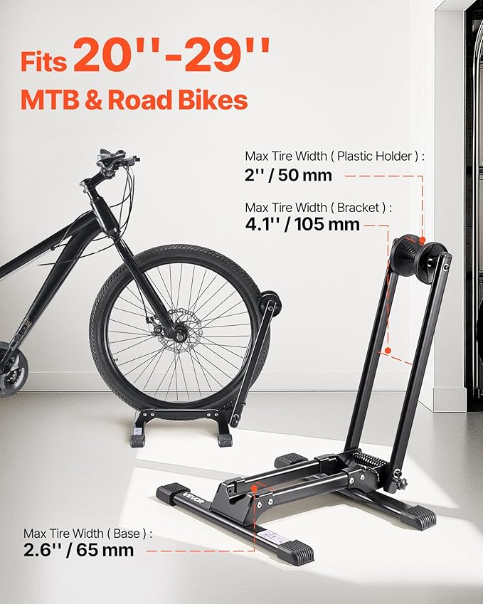 VEVOR Bike Racks 2 Pack, Fits 20 to 27 Inch Mountain & Road Bikes, Alloy Steel Rust-Resistant Bike Floor Stand Rack, Foldable Bicycle Stand for Entryway, Garage, Home Bikes Parking & Storage, Black