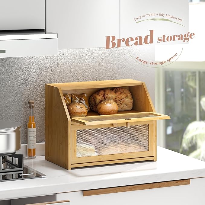 Bread Box for Kitchen Countertop Bin Double Layer Bread Box Storage Container Extra Large Capacity Farmhouse with Diamond Pattern Windows (Natural, Large)