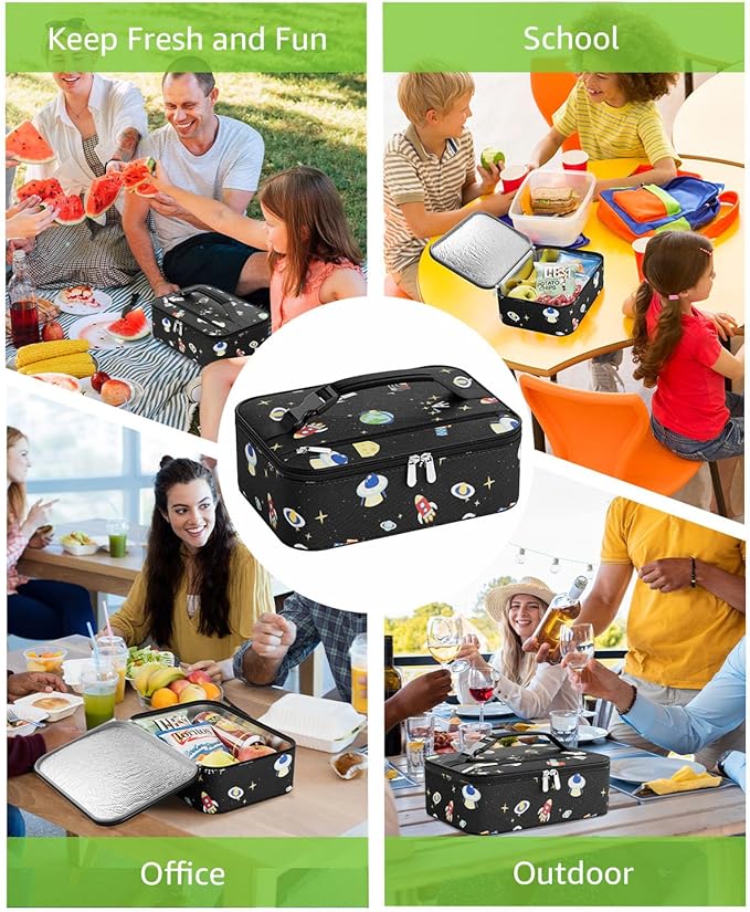 Small Lunch Box Insulated Lunch Bag for Women Men, Bento Kids Lunch Box, Compact Portable Thermal Meal Cooler Bags with Buckle Handle for Work & School, Spaceman 5L