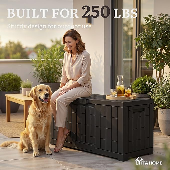 YITAHOME 60 Gallon Resin Deck Box, Weather Resistant Outdoor Rattan Storage Box, Lockable Indoor Outdoor Storage for Supplies and Essentials, Black