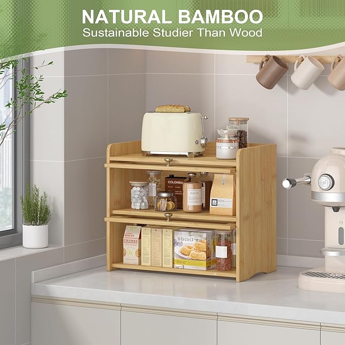 Large Bread Box for Kitchen Countertop Wooden Double Layer Breadbox Organizer with Window Vintage Farmhouse Bread Storage Container for Homemade Bread (Natural Bamboo)