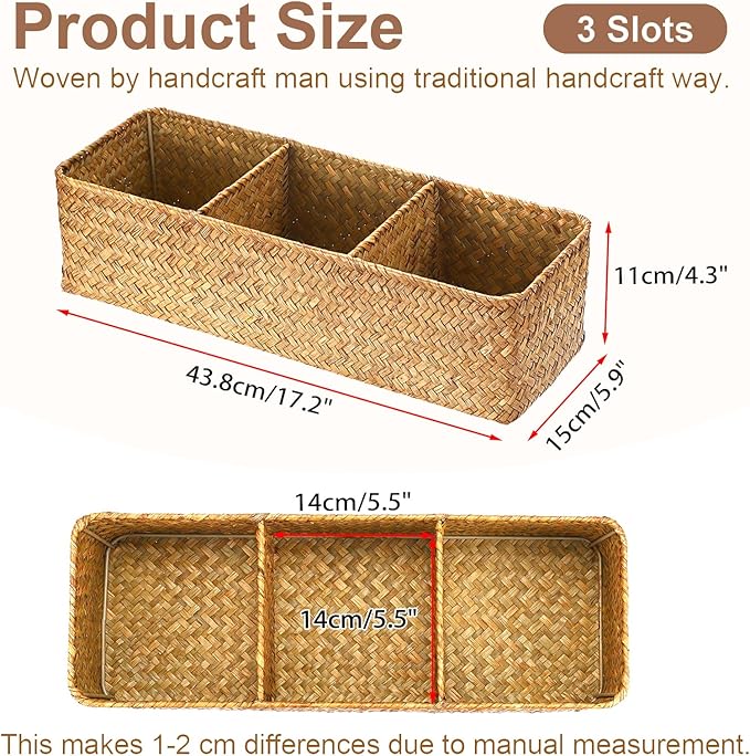 Hipiwe Handwoven Seagrass Storage Basket 3 Sections Toilet Tank Paper Organizer Decorative Shelf Basket for Pantry Living Room Kitchen, Caramel Color
