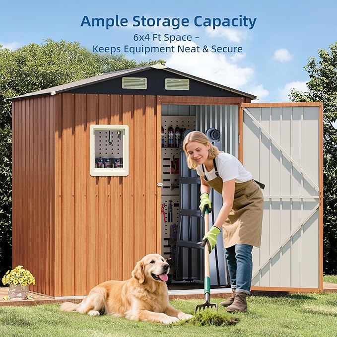 6x4 FT Outdoor Storage Shed, Garden Metal Shed with Floor Base & Window, Small Compact Tool Shed for Backyard, Patio & Lawn (6x4 FT & Base)