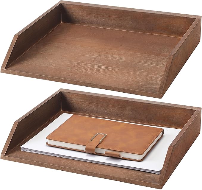 2 Pcs Wooden Letter Tray Wood Letter-Size Desk Organizer Heavy Duty 2 Tier Stackable Support Paper Tray Desktop Drawer File Folder Magazine Office Accessories Back to School(Dark Wood)