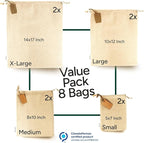 LEAFICO Muslin Cloth Bags with Drawstrings - Set of 8 (S, M, L, XL) - Reusable Natural Cotton Bags for Bulk Food Storage - Canvas Fabric Sachets