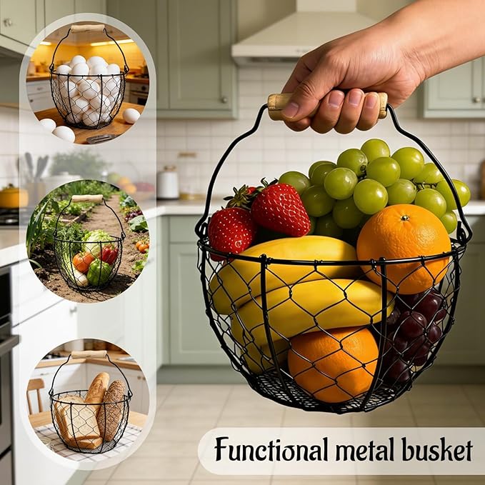 2 Pcs Egg Basket With Handle,Wire Egg Basket for Gathering Fresh Eggs, Round Egg Collecting Basket for Farm,Vintage Style Chicken and Duck Eggs Basket Egg Countertop Storage Container Holder ﻿