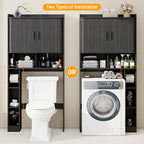 Over The Toilet Storage Cabinet,Farmhouse Toilet Cabinet Rack with 2 Tambour Sliding Doors and Toilet Paper Holder Stand，Toilet Shelf Space Saver with Towel Rack for Bathroom, Restroom,Black Laundry