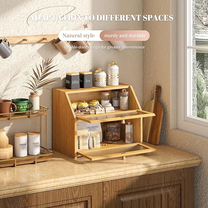 Bread Box for Kitchen Countertop Bin Double Layer Bread Box Storage Container Extra Large Capacity Farmhouse with Diamond Pattern Windows (Natural, Large)