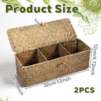 2 PCS Seagrass Storage Basket with Lid, Boho Small Woven Shelf Basket Rectangular Toilet Roll Bin 3-Section Divided Organizer for Snack Tampon Bathroom Closets Pantry Coffee Table Counter