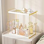 Emfogo Perfume Organizer for Women, 2 Tier Wooden and Metal Cologne Organizer for Men, Large Capacity Perfume Stand Holder Tray for Vanity Bathroom Countertop Organizers and Storage (White and Gold)