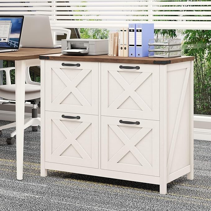 Lateral File Cabinet with 4 Drawers, Farmhouse File Cabinet for Letter/A4 Size Hanging Files, Large Wood File Storage Cabinets Printer Stand for Home Office Cabinets, Rustic White and Brown