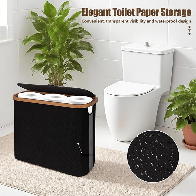 Toilet Paper Storage with Lid and Handle, 12 Roll Toilet Paper Basket Bathroom Standing Organizer, Folding Storage Bag with Foot Base, Slim Holder Container for Rolling Tissue, Towel- Black