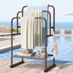 ELYKEN 40'' Tall Standing Towel Racks, 3 Tier Towel Drying Rack Outdoor, Pool Towel Stand Blanket Holder with Shelf & 4 Removable Hooks, Metal Freestanding Towel Racks for Bathroom, Smooth Silver
