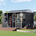 VanAcc 9x9x7 FT Metal Storage Shed, Dual-Zone Tool Shed with Work Area, Reinforced Frame, Gable Roof, Ventilated Design, Dark Grey